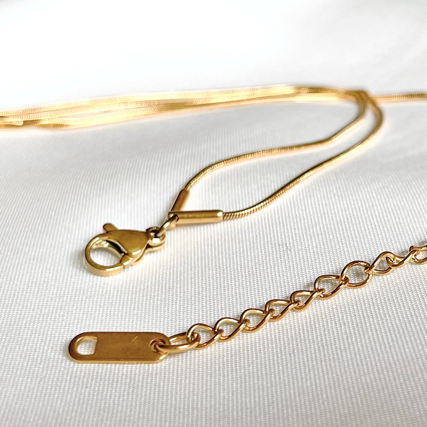 Gold chain necklace with two snake chains on a single clasp on a white background