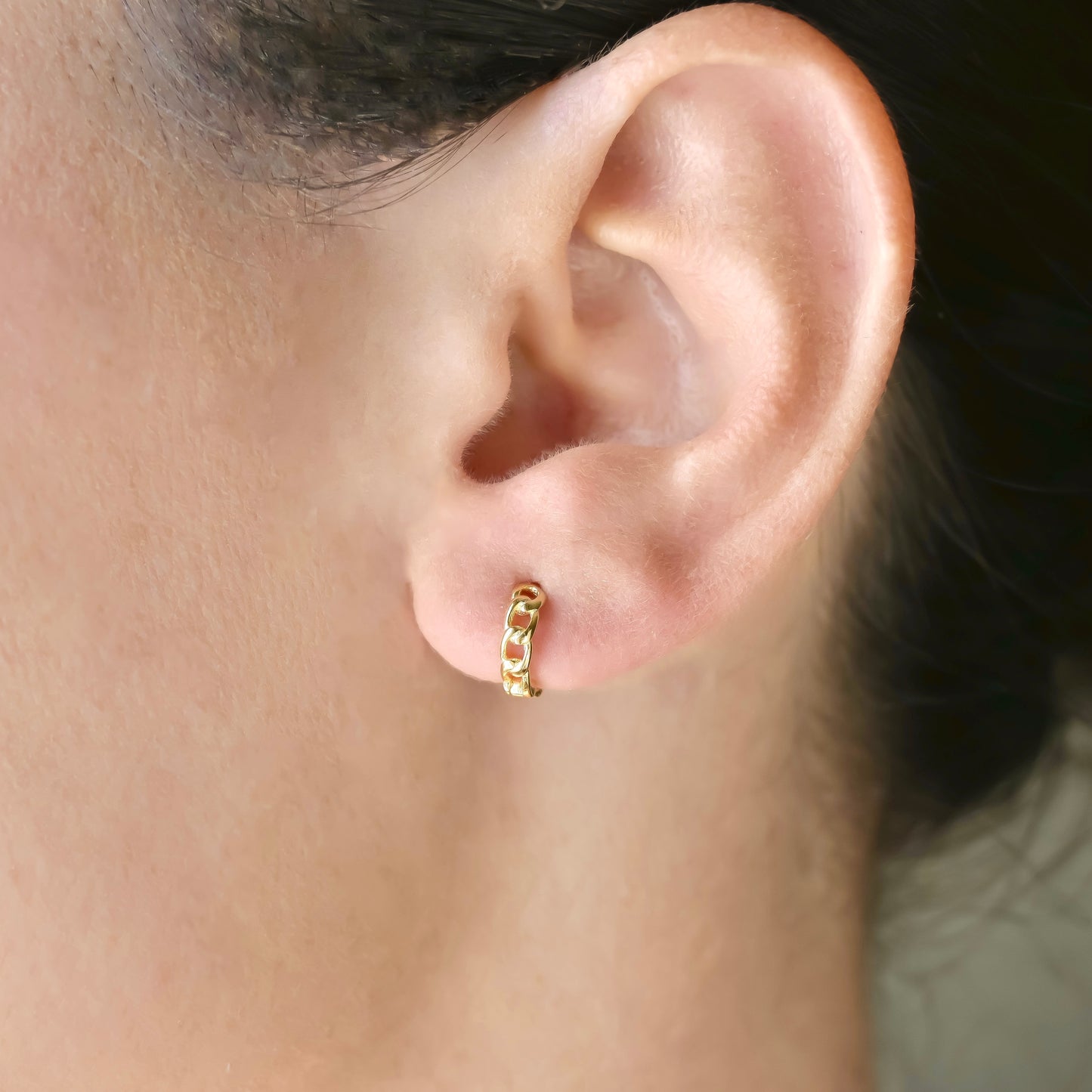 Curb Link Earring Set, 925 Sterling Silver, Gold and Silver, Curb Chain Huggies, CZ Trinity Studs, and Conch Cuff,