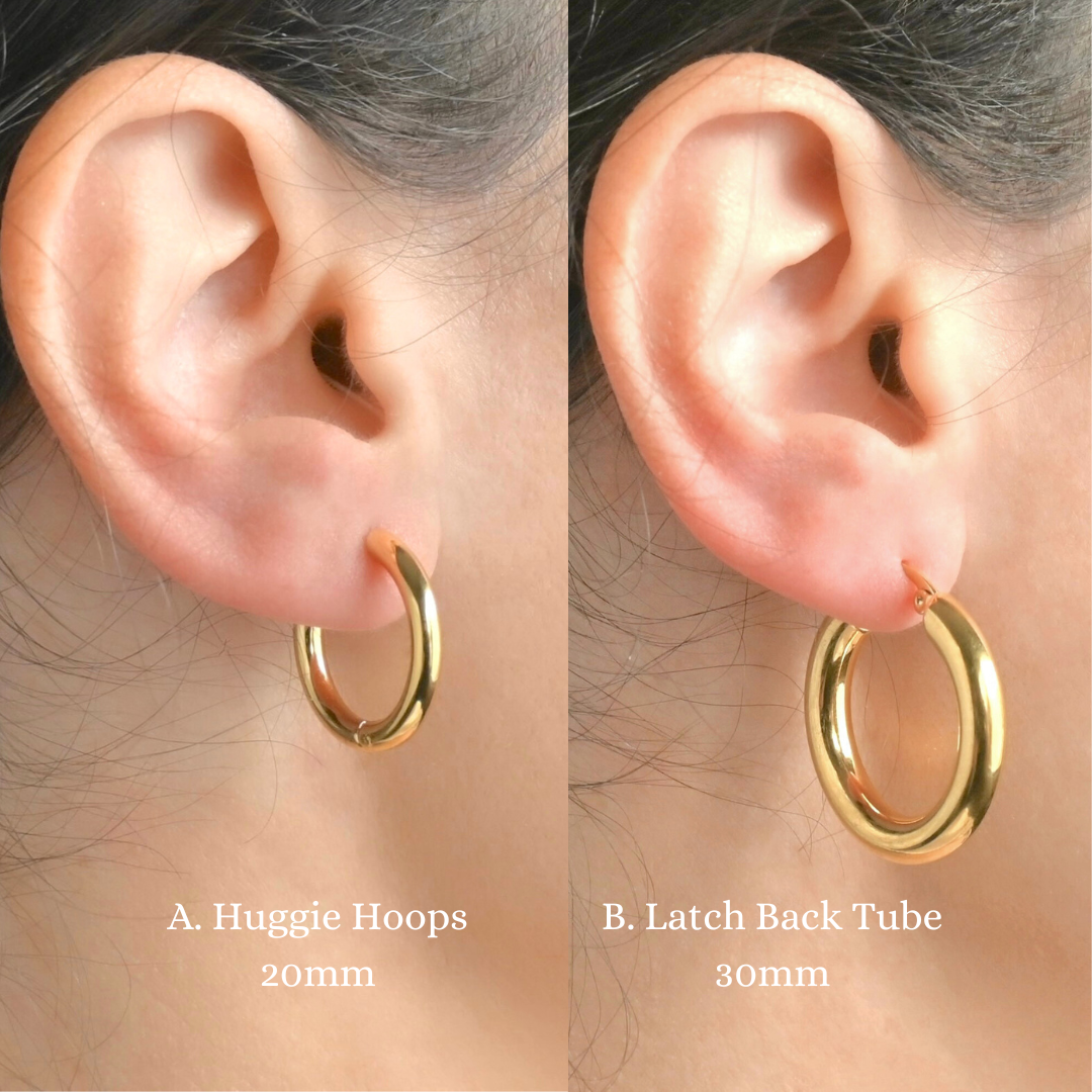 Two round gold hoop earrings , one smaller and thin, one larger and bold, displayed on ears with labels indicating size and design.