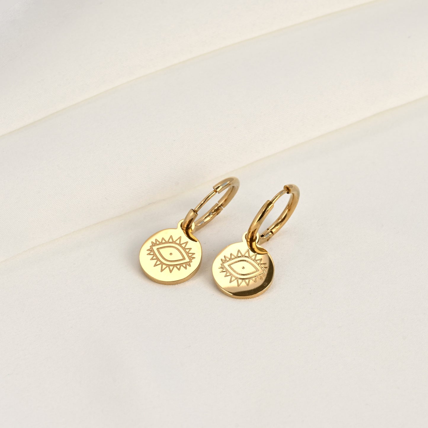 Boho Evil Eye Coin Charm Hoop Earrings - Stainless Steel