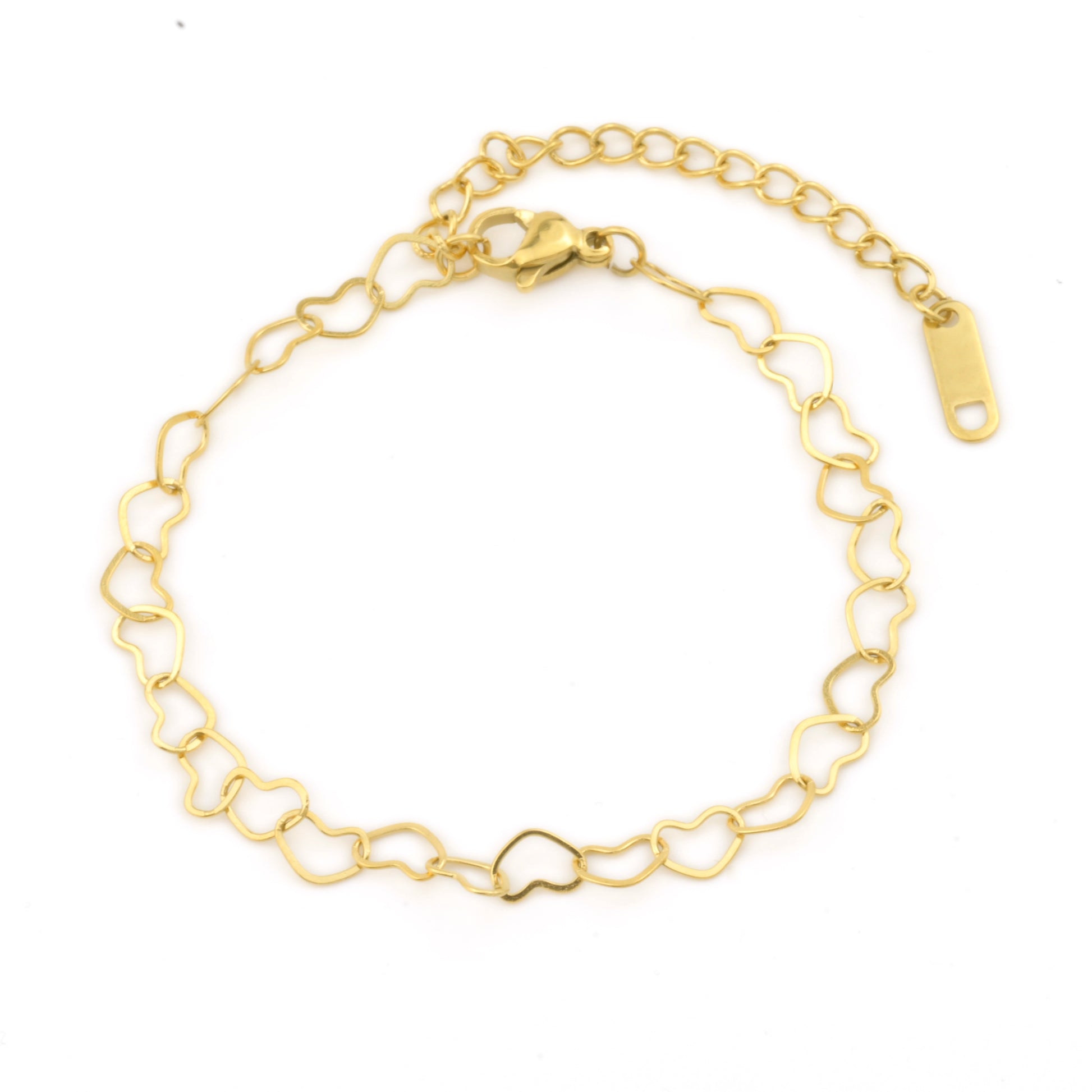 Gold heart link chain bracelet on a white background with K18 plating hallmark tag and a lobster clasp