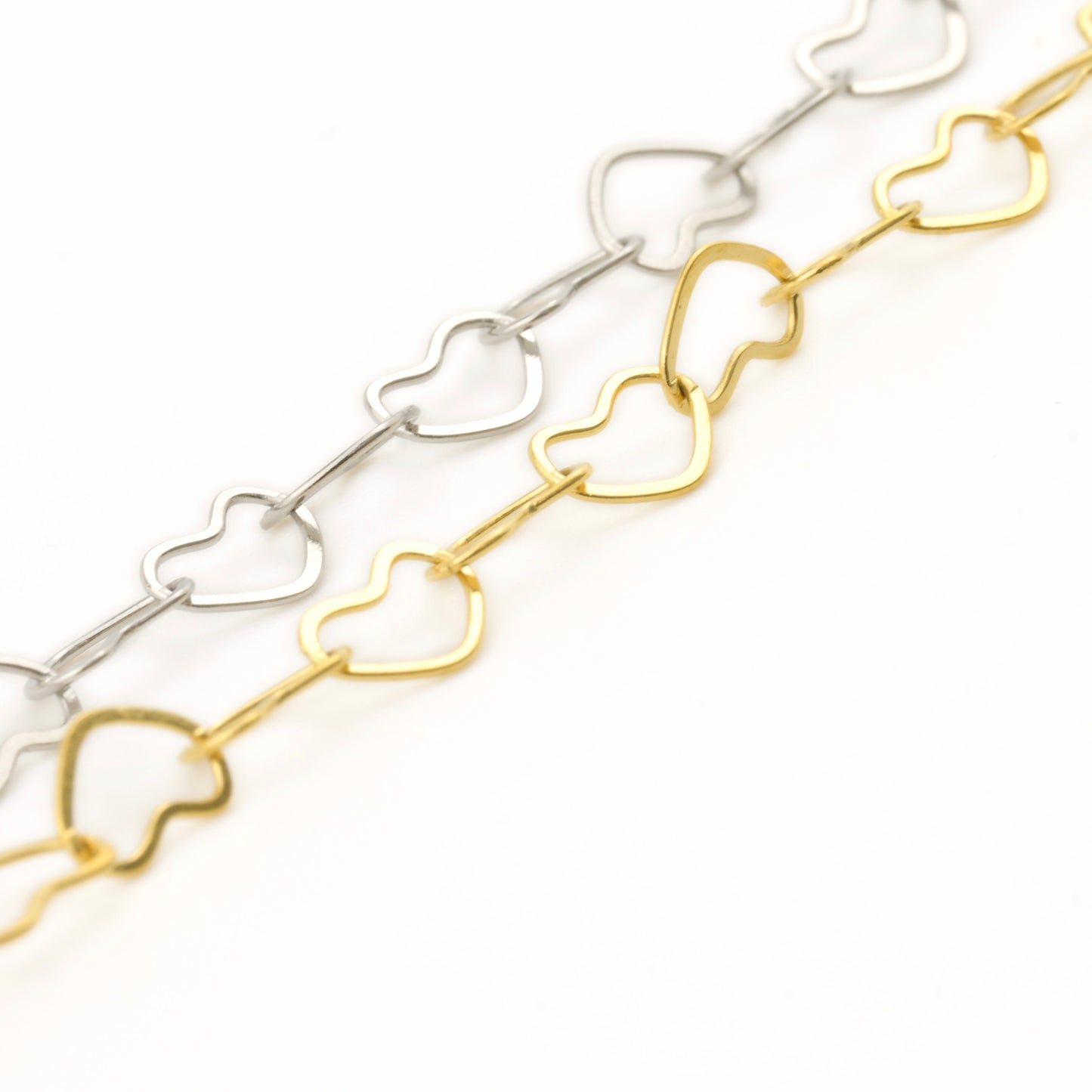 close up view of heart links in gold and silver