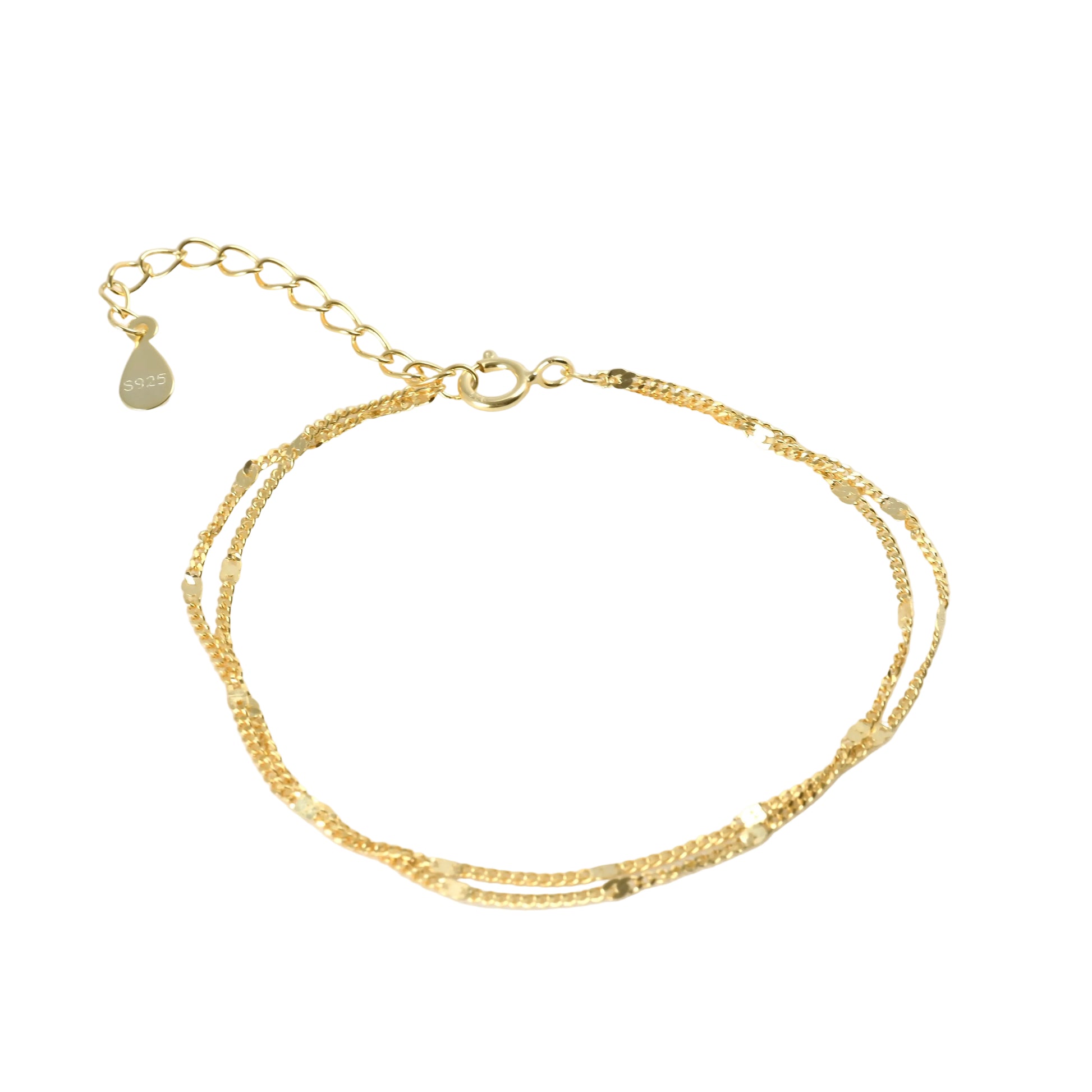 Sterling silver gold layered chain bracelet with spring ring clasp, extender and S925 tag on a white background