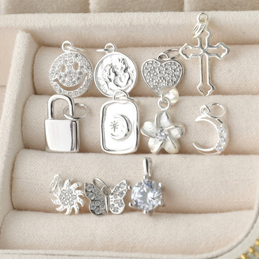 925 Sterling Silver Charm Necklace - Choice of 12 Dainty Silver Pendants on Cable, Box, Singapore, or Satellite Chain