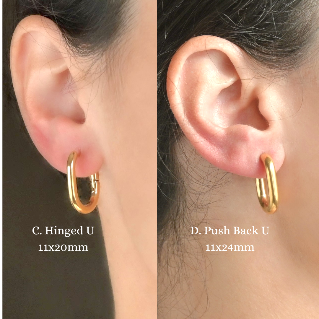 Two U-shape gold hoop earrings, one slim hinged and one thick with push-back closure on ears with size labels.