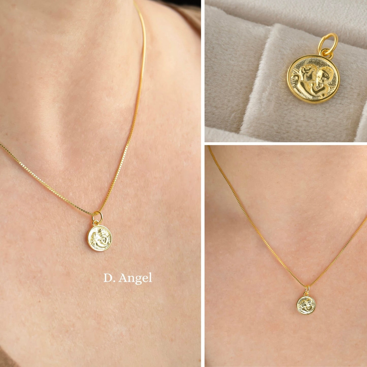 Gold necklace with angel coin pendant on a person's neck, close-up of pendant, and pendant on a neutral background.