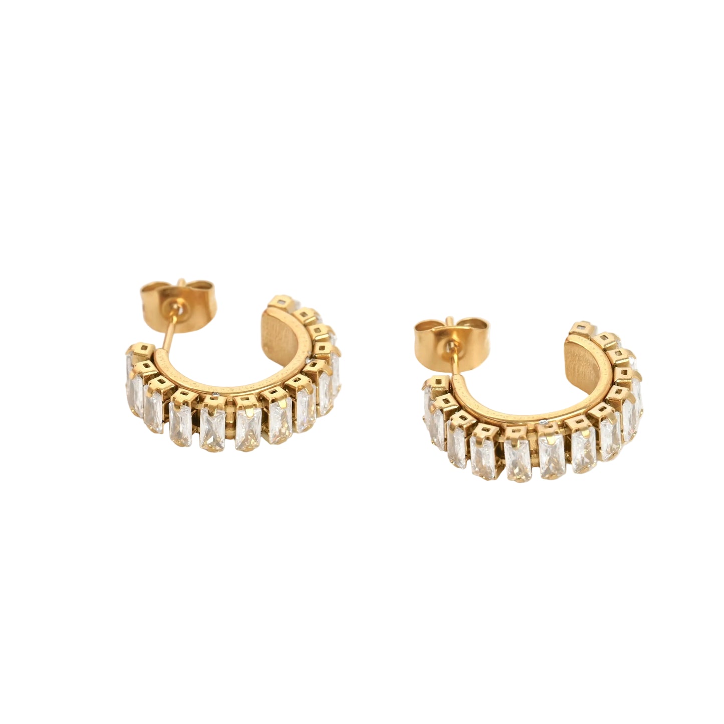 Small gold hoop earrings with rectangular stones on a white background