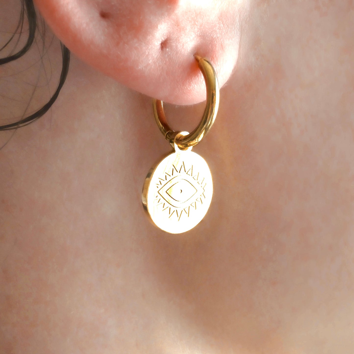 Boho Evil Eye Coin Charm Hoop Earrings - Stainless Steel