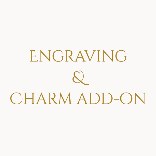 Text 'Engraving & Charm Add-On' in gold on a white background. 