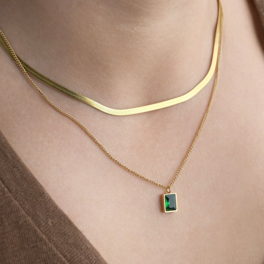 Emerald Herringbone Necklace, Layered Emerald Green Rectangle Pendant and Gold Herringbone Chain, Waterproof Stainless Steel Layered Necklace Set
