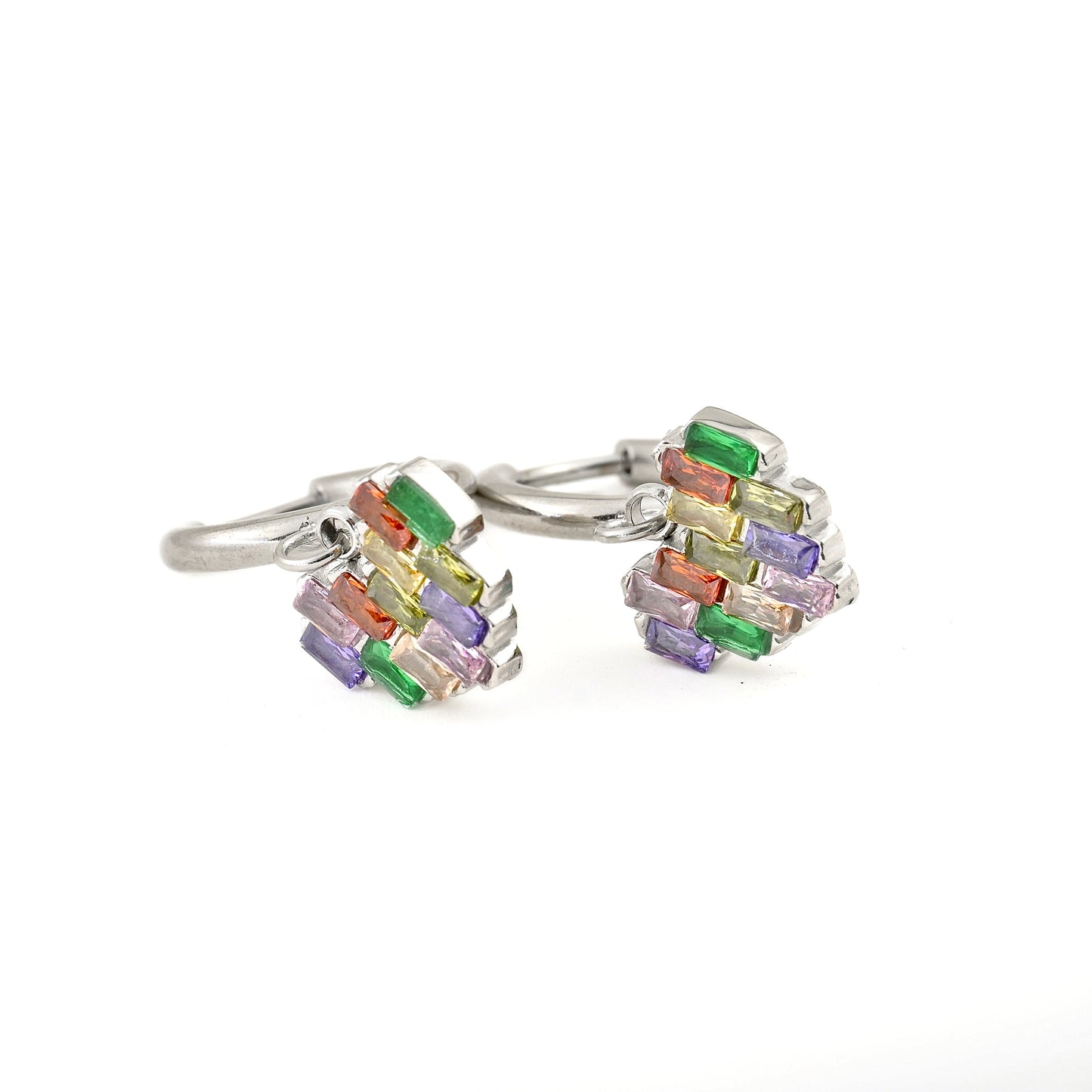 Silver heart hoop earrings with colorful rhinestones on a white background