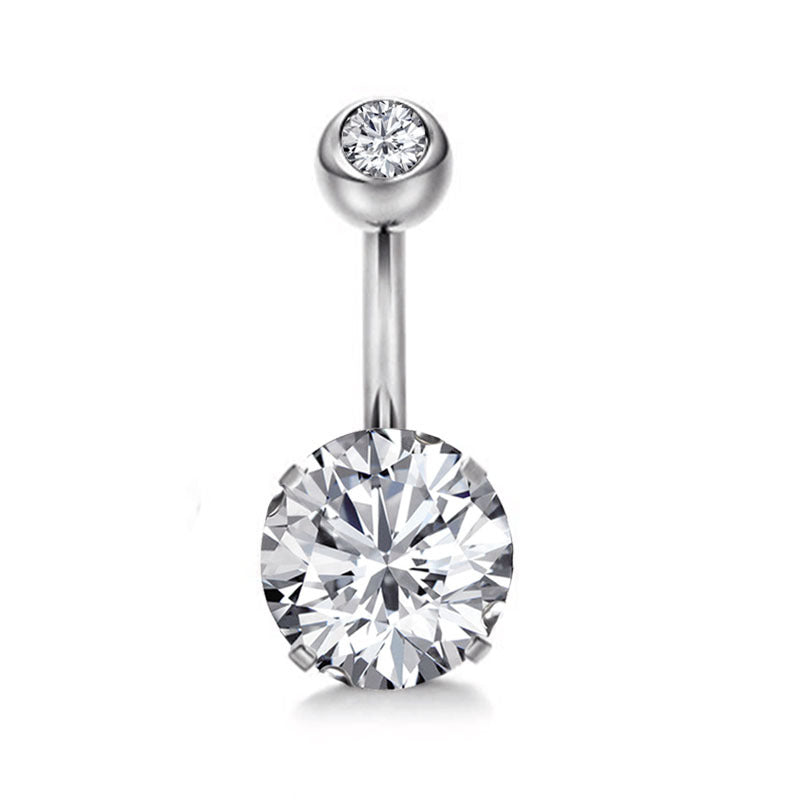 Silver belly button ring with two clear crystals on a white background