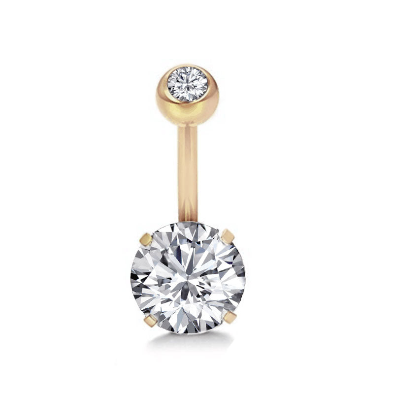 Gold belly button ring with two clear gemstones on a white background