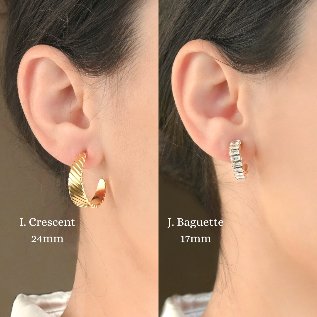 Two C- hoop earrings, one medium sized lightweight croissant, one small with baguette stones, displayed on ears with labels indicating type and size