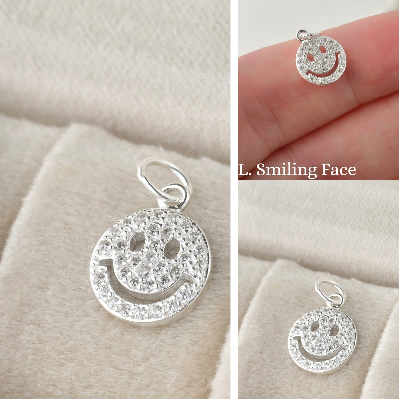 Silver smiley face pendant on a textured surface with 'L. Smiling Face' text.