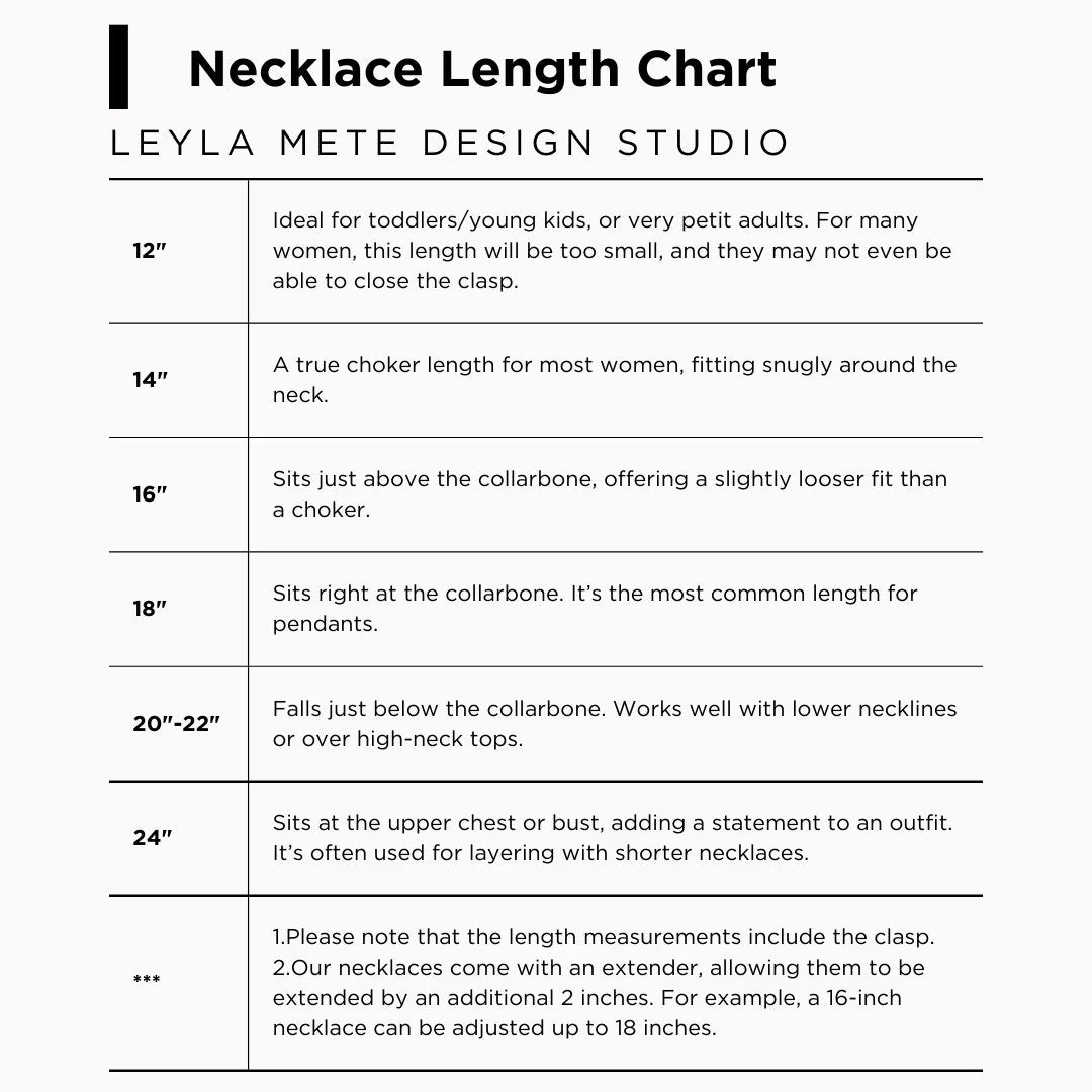 Necklace length chart by Leyla Mete Design Studio on a white background