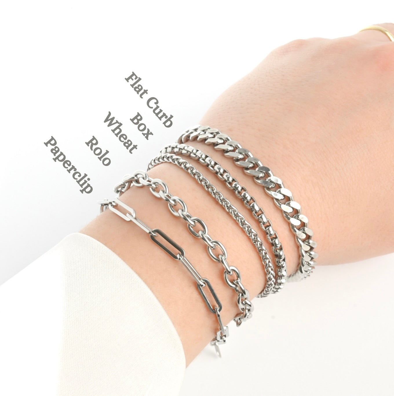 Hand wearing multiple chunky chain bracelets  in silver with labeled styles on a white background
