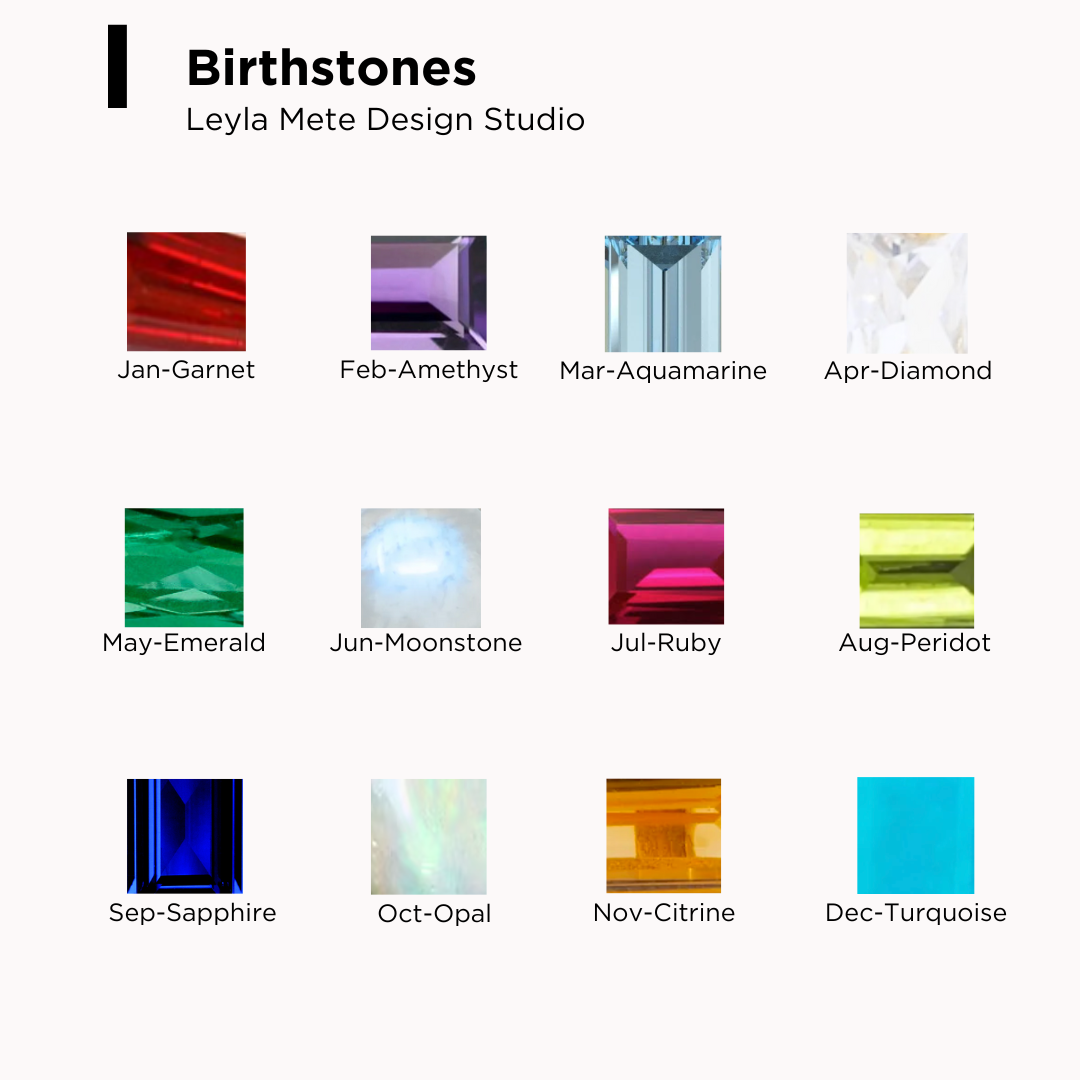 A digital graphic displaying the twelve Birthstones (months) under the heading 'Birthstones' and 'Leyla Mete Design Studio'. Each stone is represented by a square color swatch with its name written below it on a clean white background.