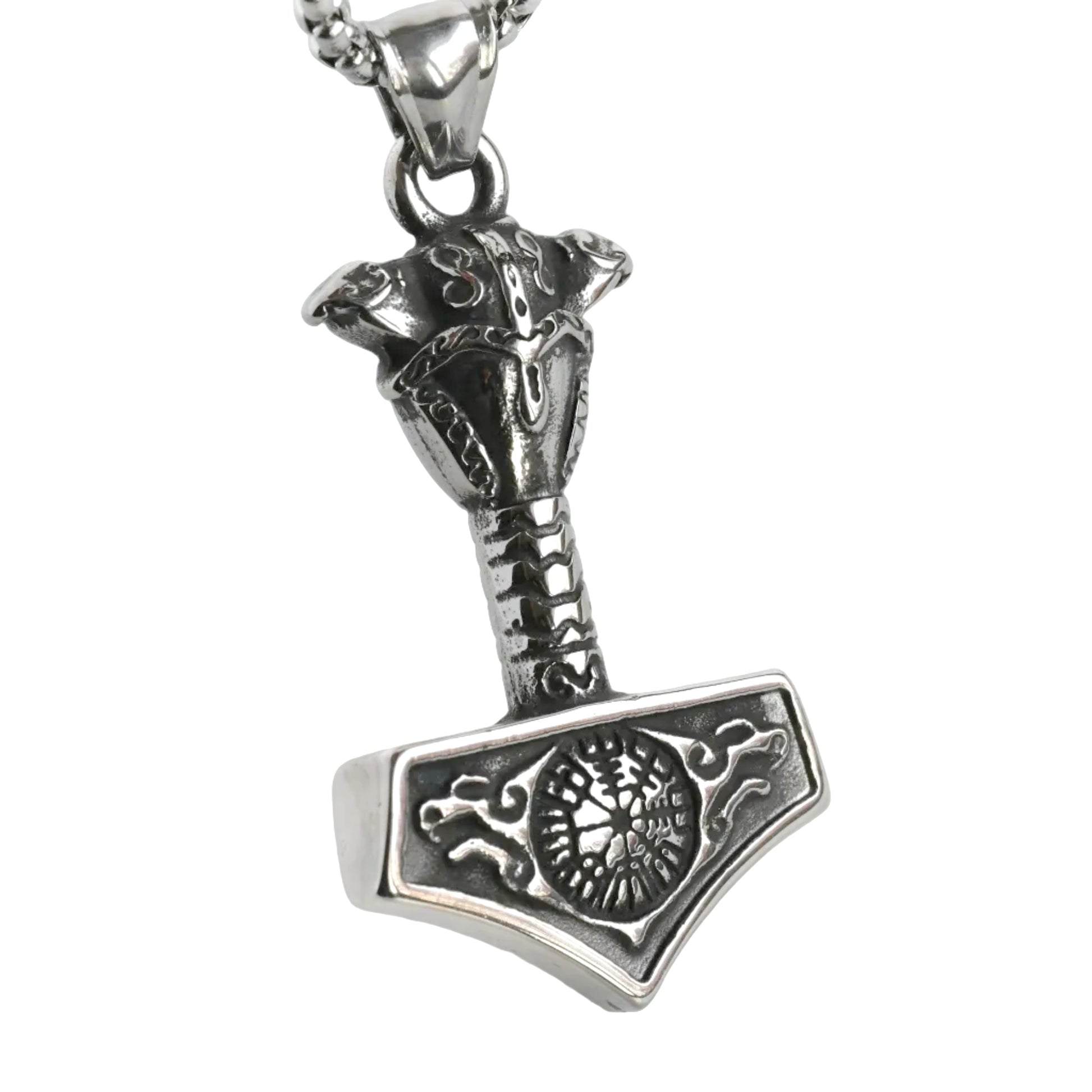 Silver hammer pendant with a viking helmet on a white background