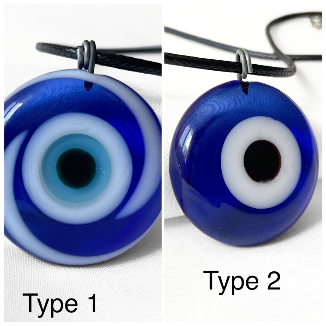 Two blue evil eye pendants labeled Type 1 and Type 2 on a white background.