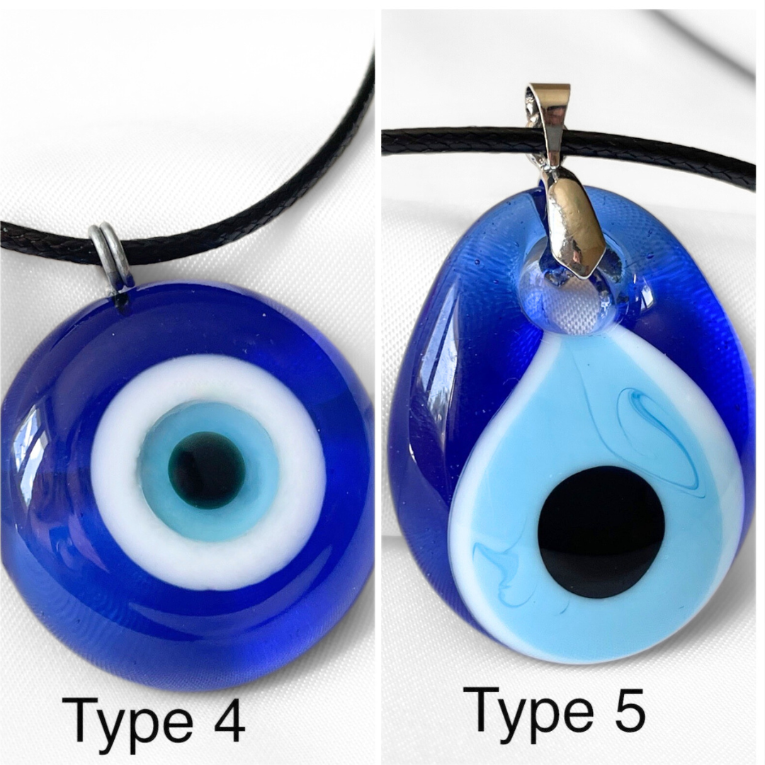 Two blue evil eye pendants on black cords with labels 'Type 4' and 'Type 5'.