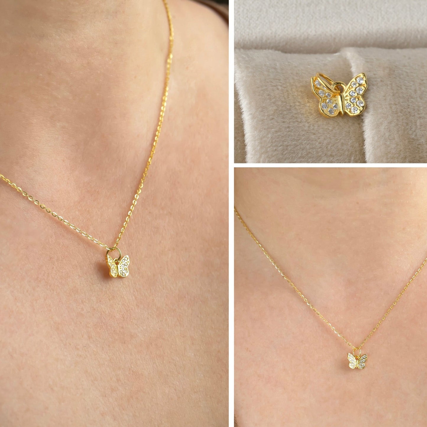 Gold butterfly necklace on a person's neck with close-up of butterfly pendant.