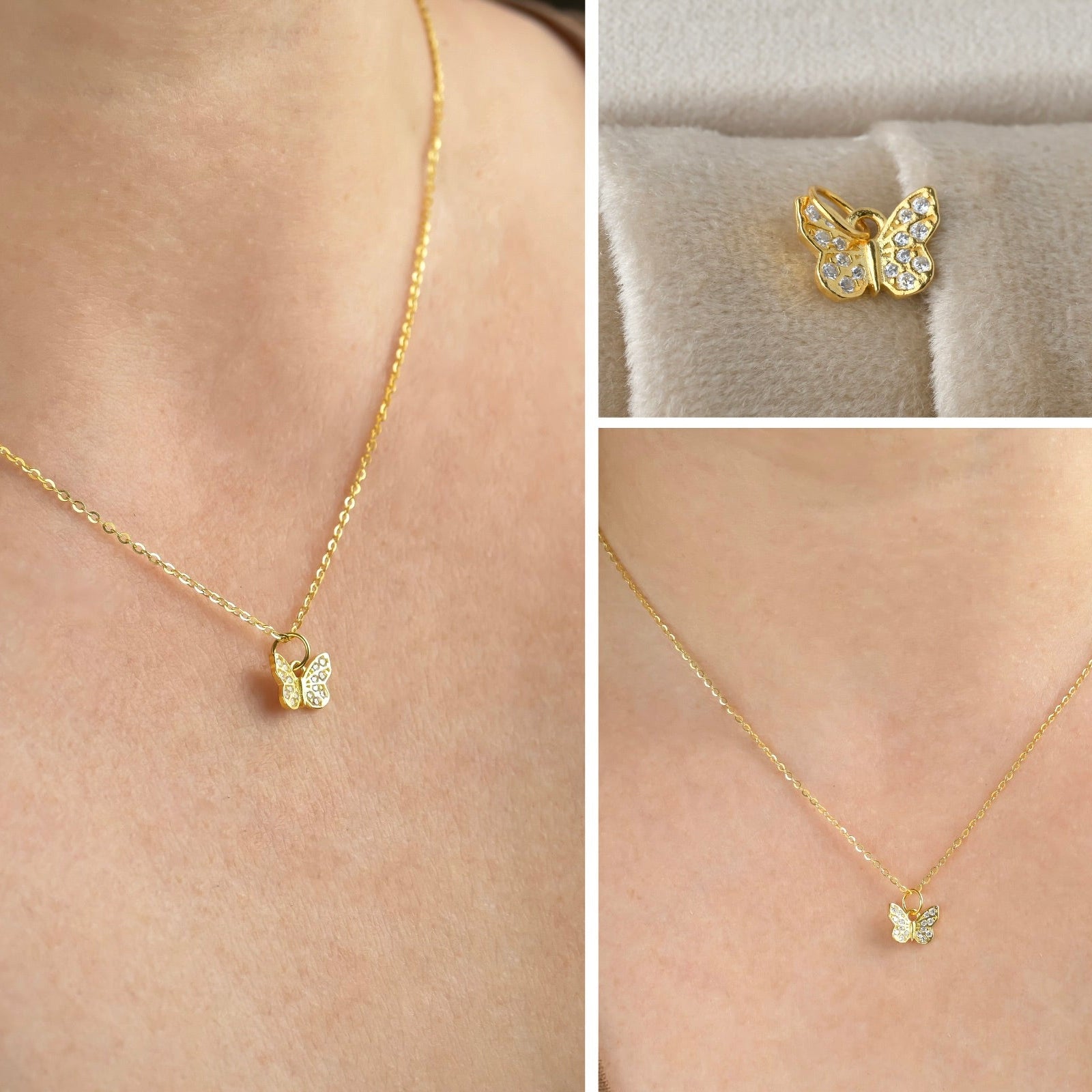 Gold butterfly necklace on a person's neck with close-up of butterfly pendant.
