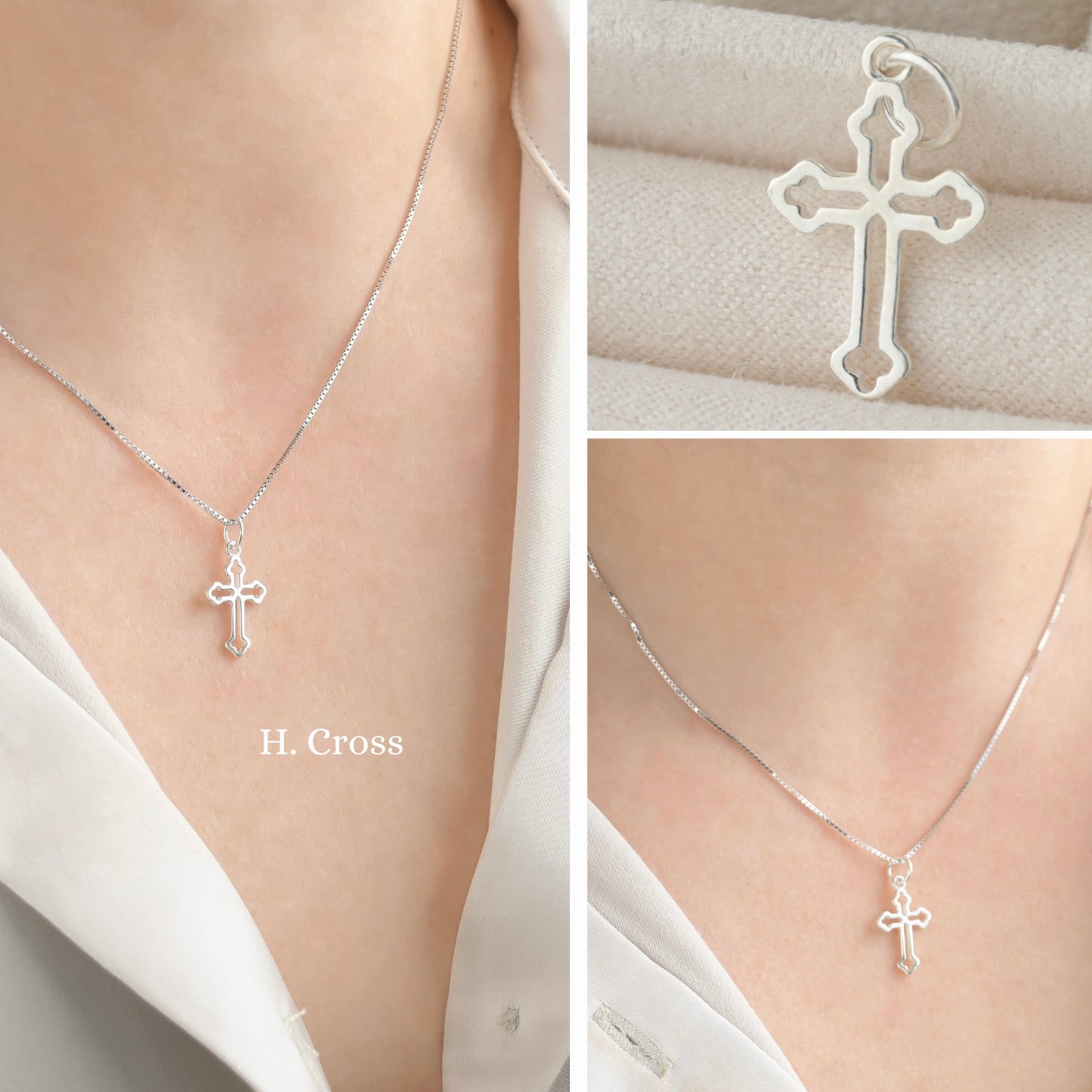 Silver cross necklace on a person's neck with close-up details on a beige background.