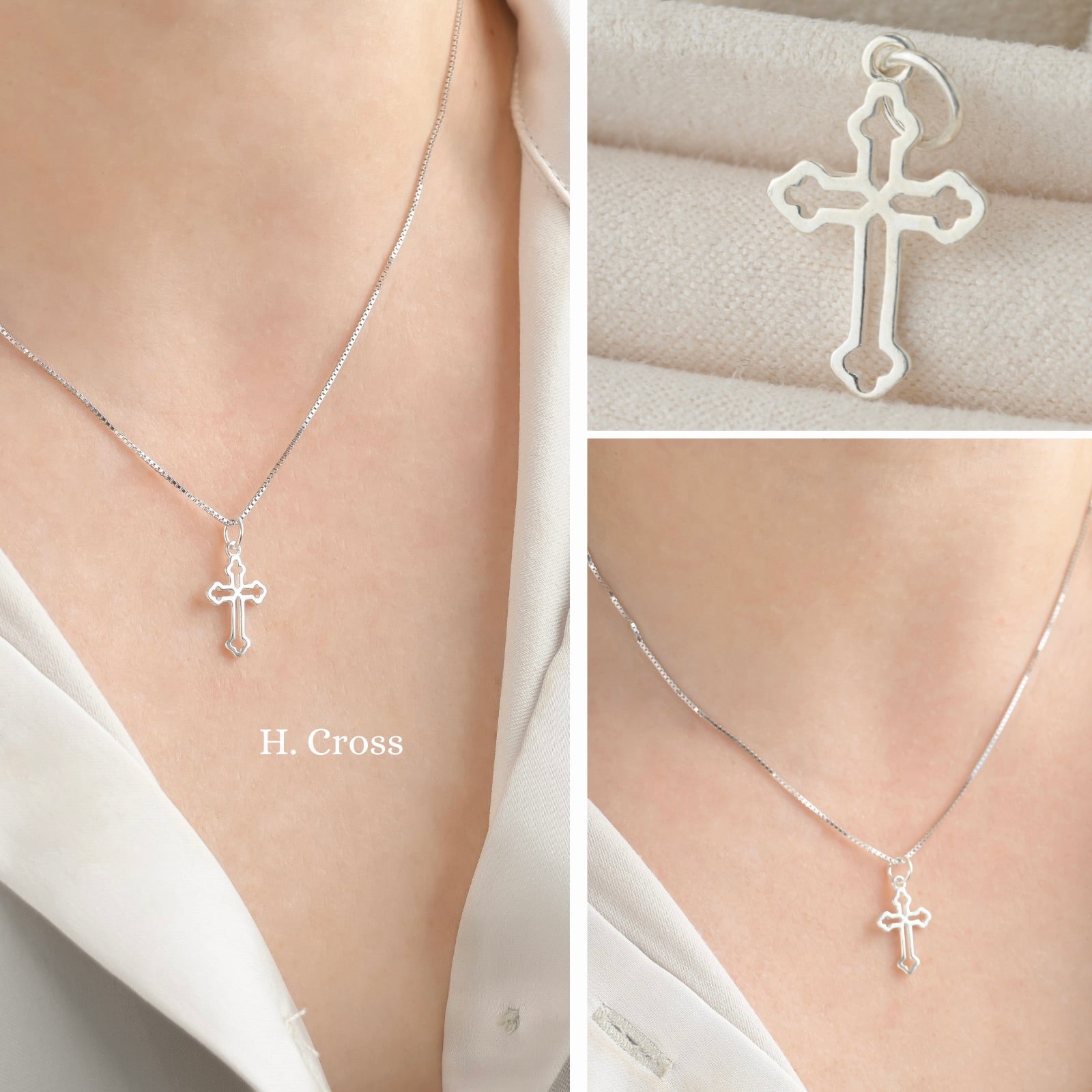 Silver cross necklace on a person's neck with close-up details on a beige background.