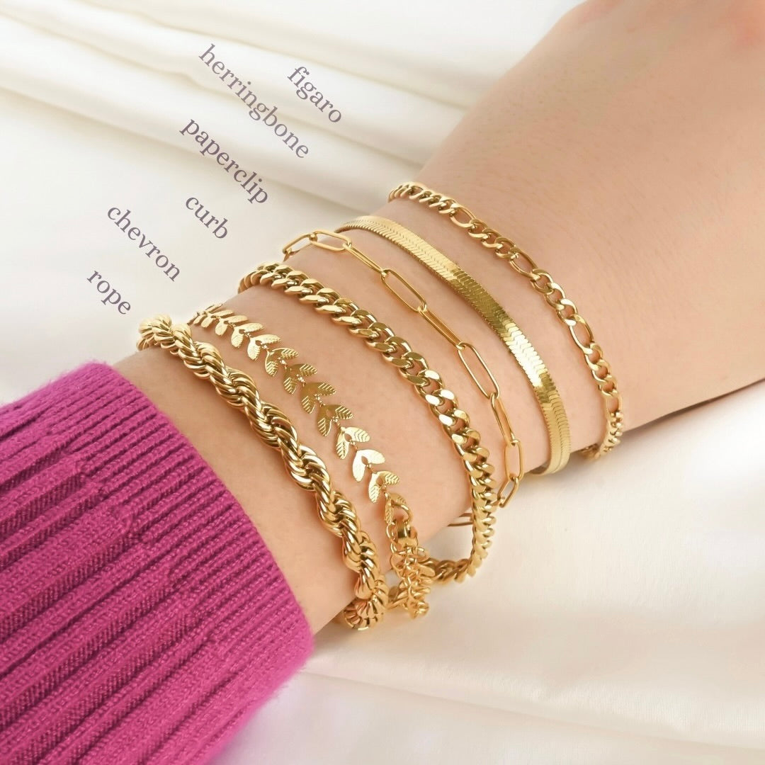 Gold bracelets on a person's wrist with design labels on a light background