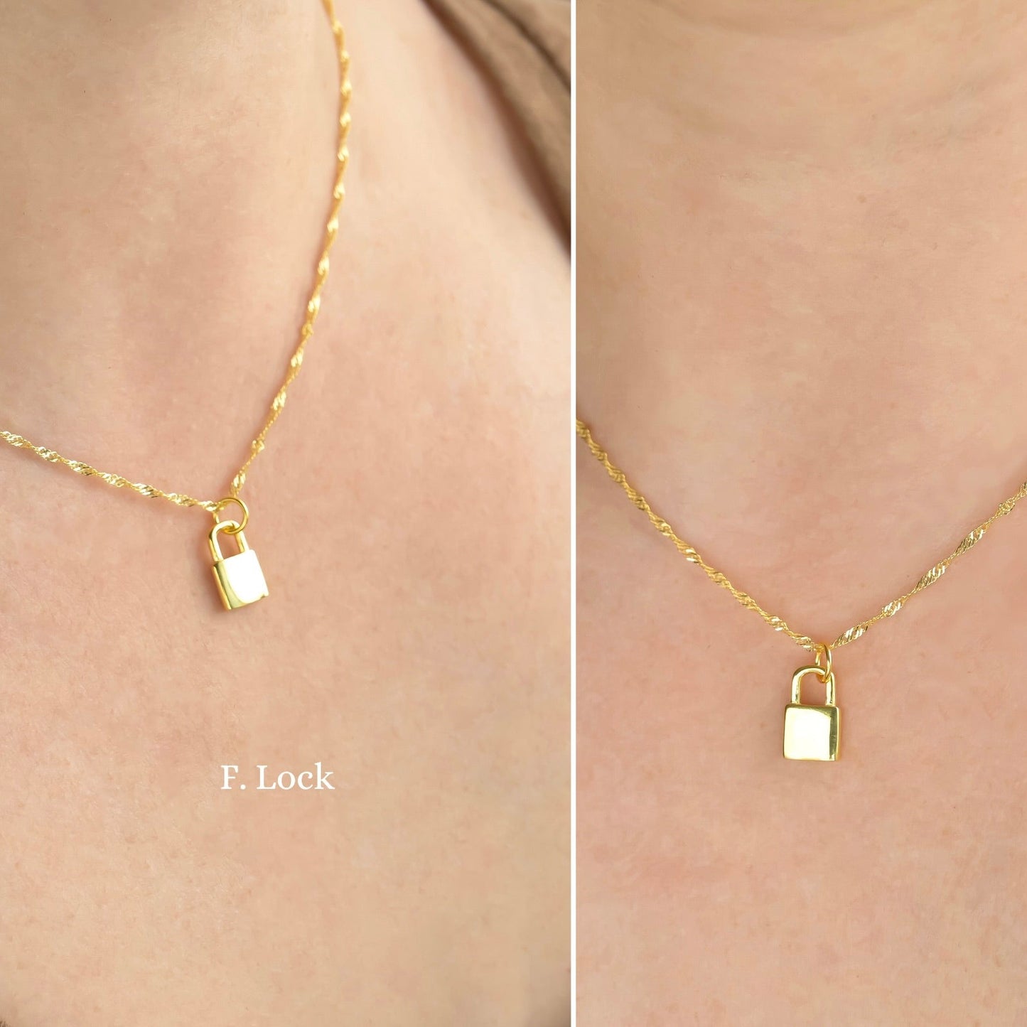Gold necklace with a lock pendant  and singapore chain on a beige background