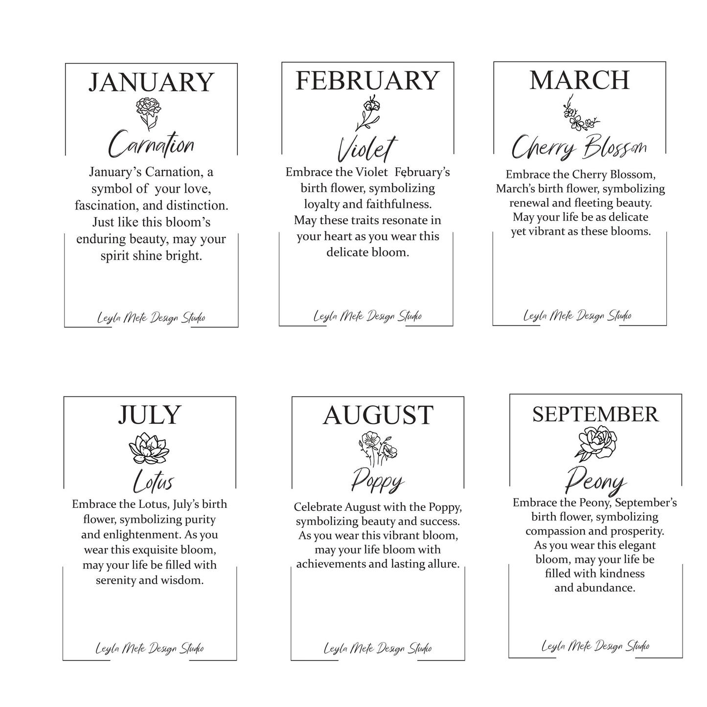 Jewelry cards with birth month flowers and brief descriptions on a white background