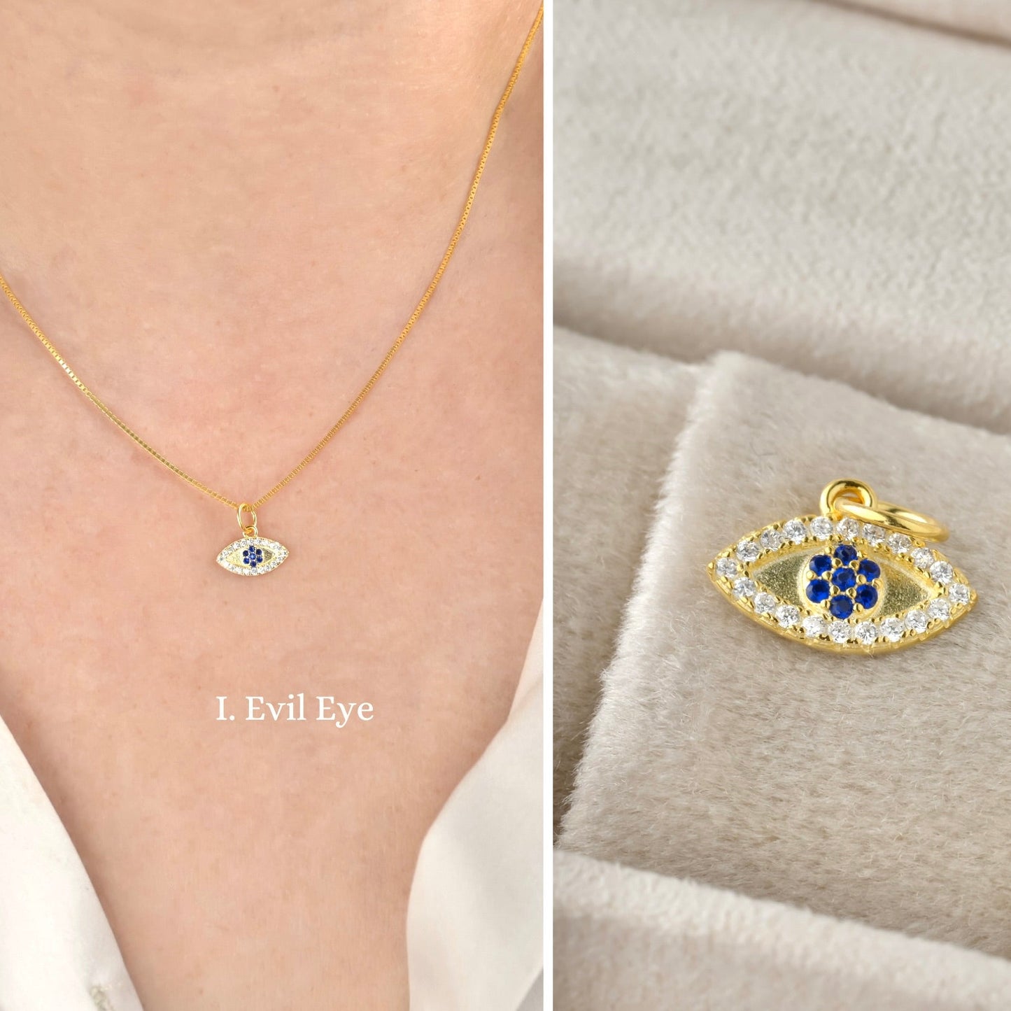 Gold evil eye pendant necklace on a person's neck and another pendant on a gray surface.