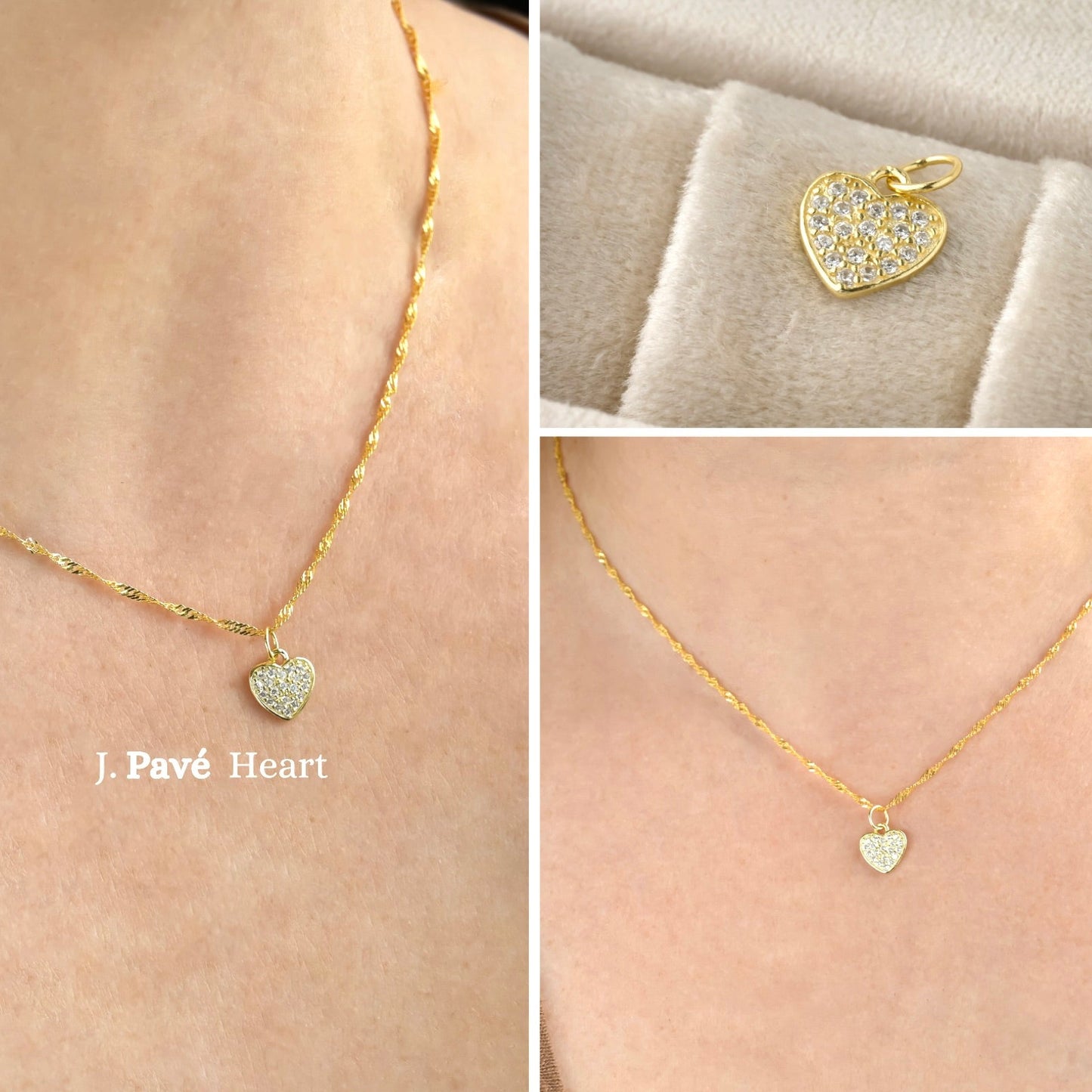 Gold necklace with heart-shaped pendant on a person's neck, close-up of pendant, and necklace on a beige background.