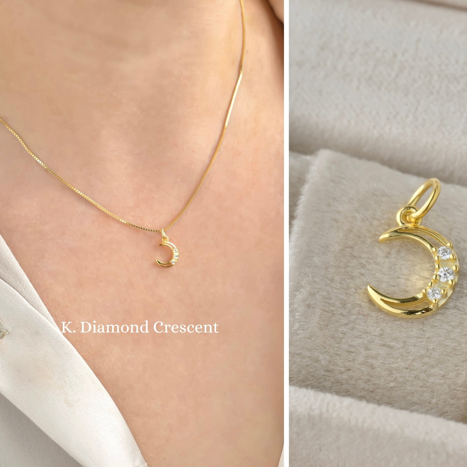 Gold crescent moon necklace with three embedded stones in the middle on a person's neck and another on a gray surface.