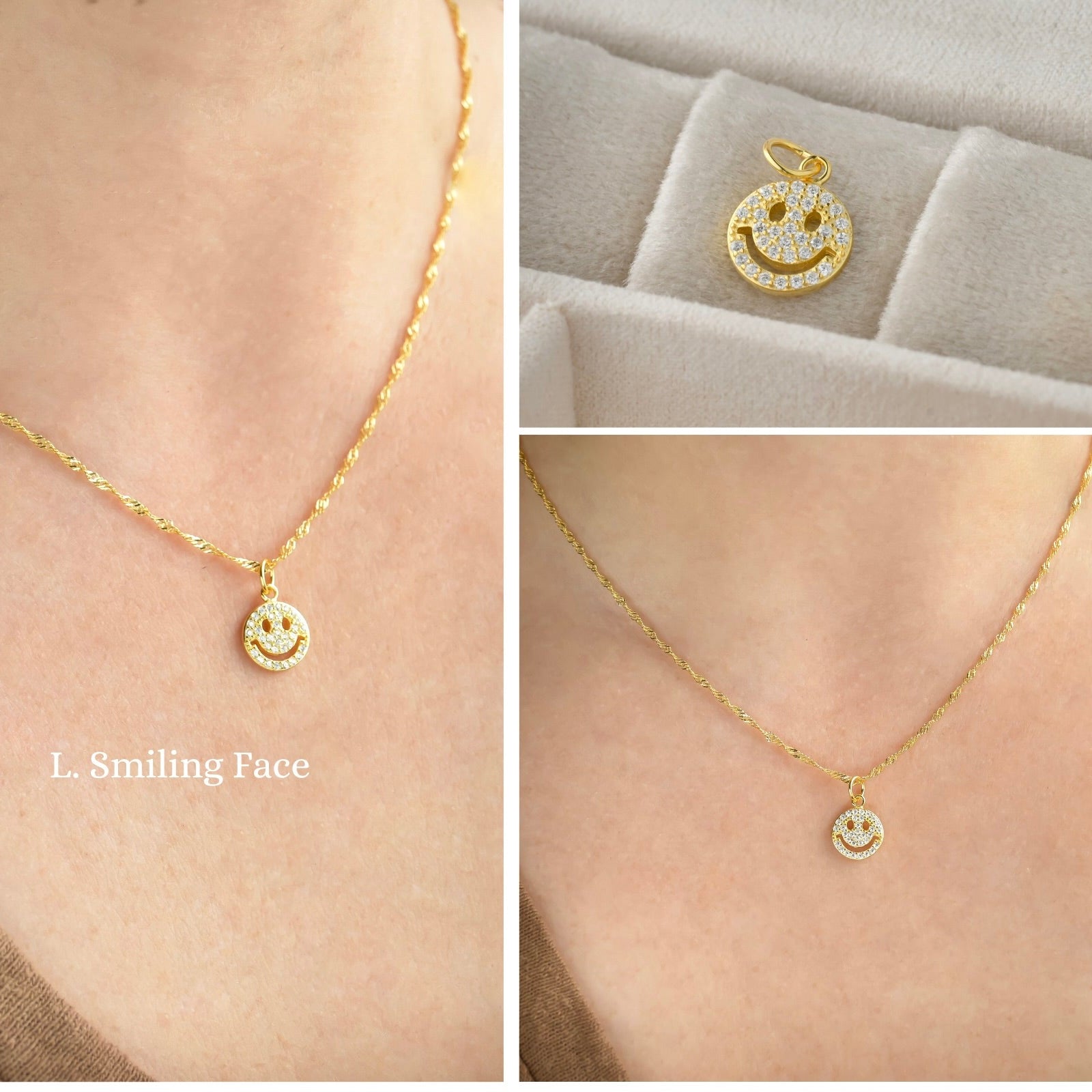 Gold necklace with smiley face pendant on a person's neck, close-up of pendant, and necklace on a neutral background.