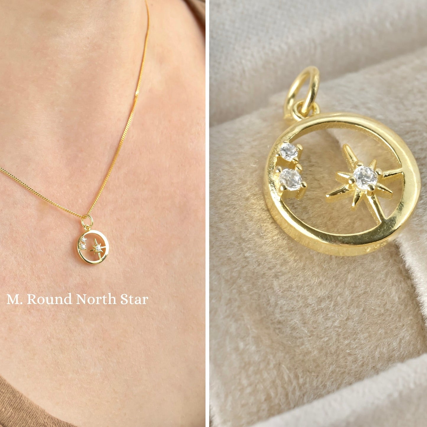 Gold necklace with a 'Round North Star' pendant on a person's neck, and the pendant on a beige surface.