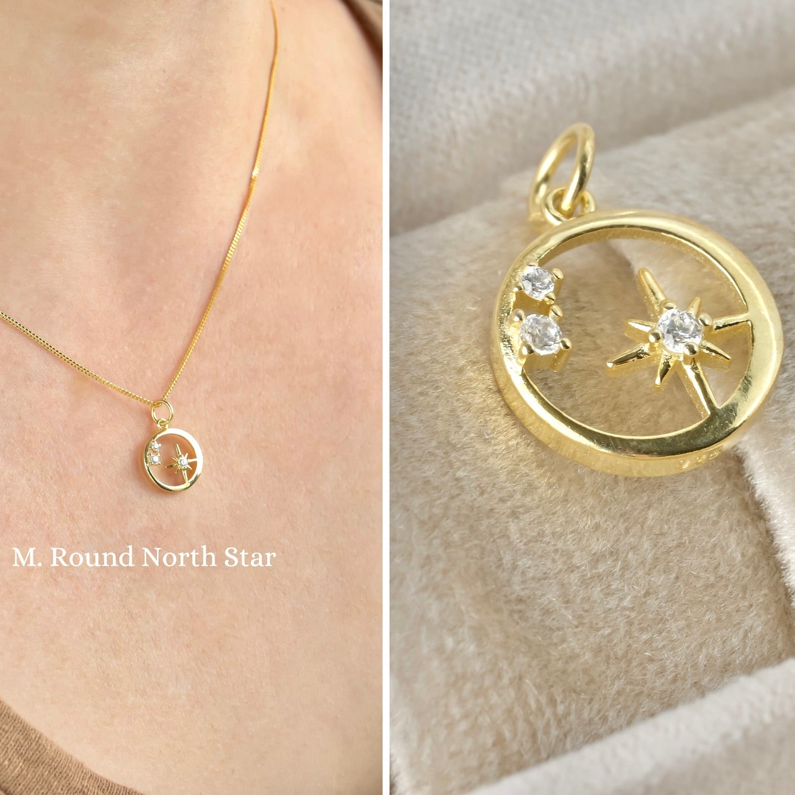 Gold necklace with a 'Round North Star' pendant on a person's neck, and the pendant on a beige surface.