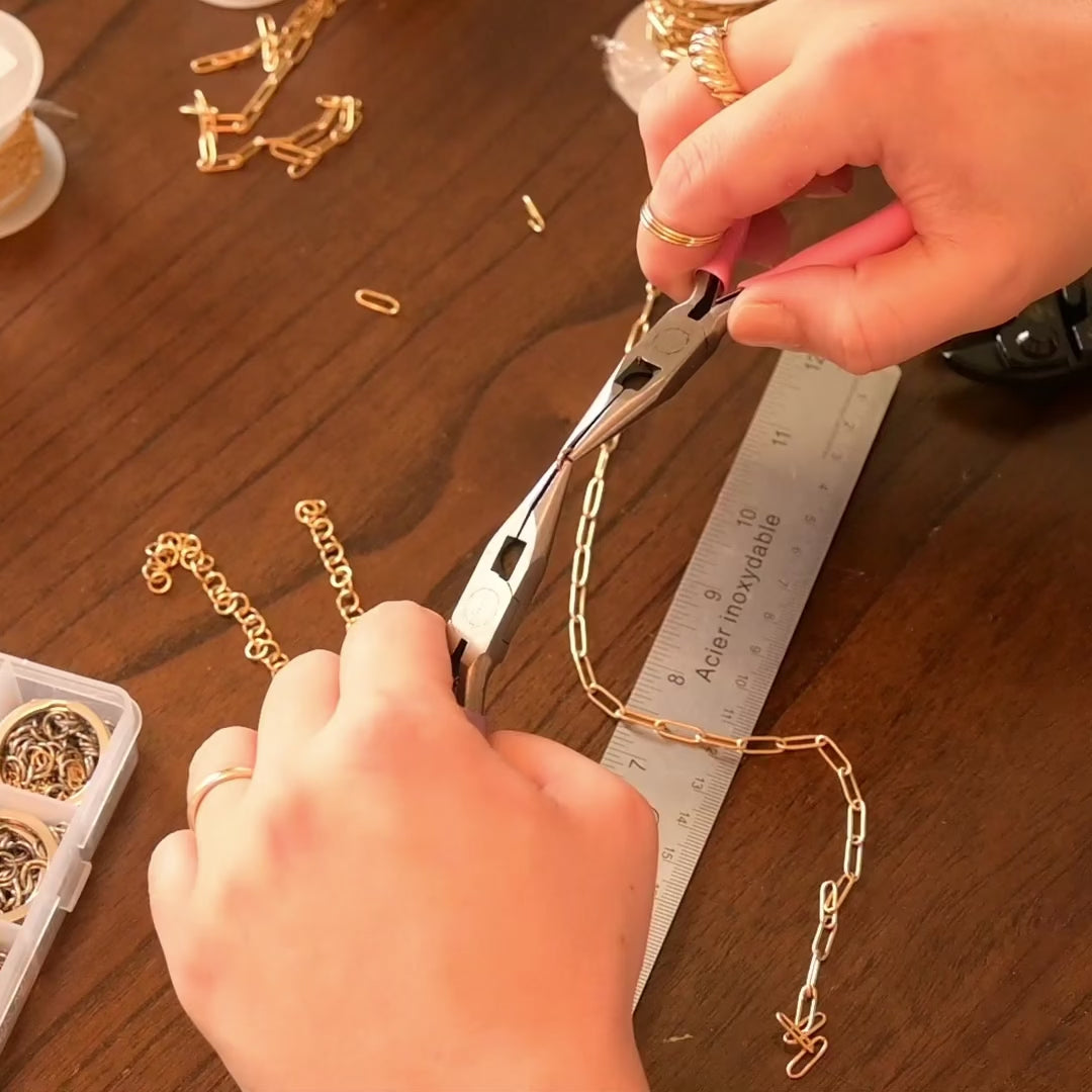 Gold paperclip chain necklace in the making 