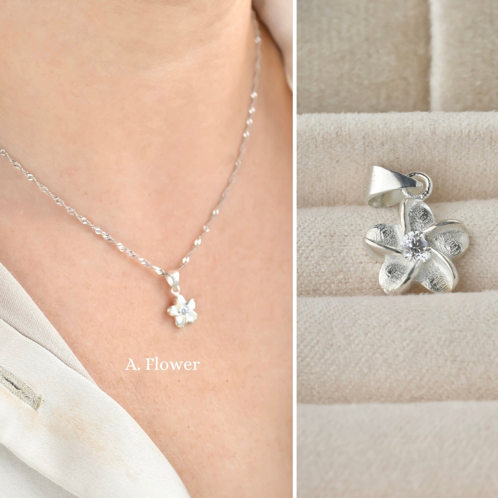 Silver flower necklace with a singapore chain on a person's neck and a close-up of the pendant on a neutral background.