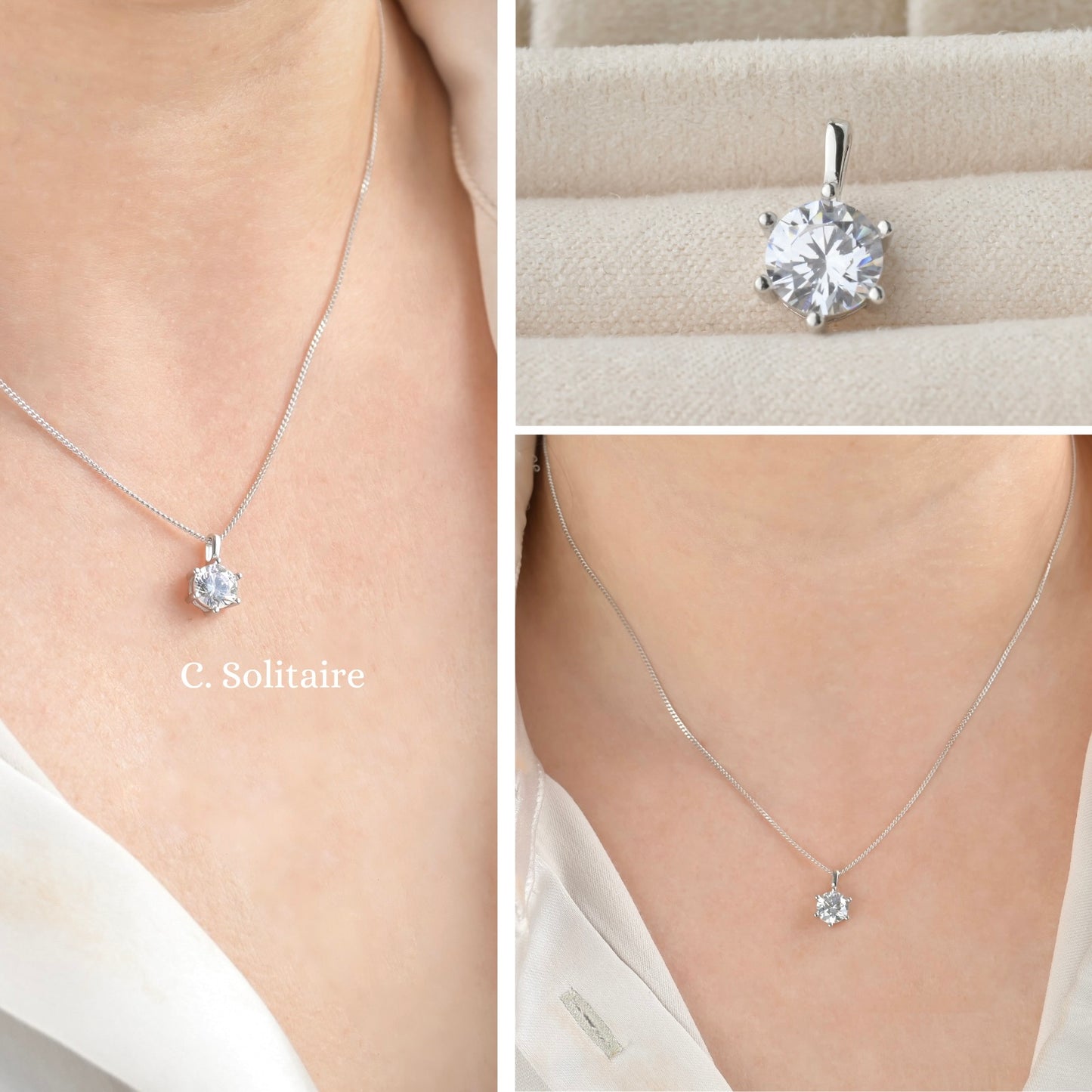Silver solitaire necklace on a person's neck with close-up of pendant.