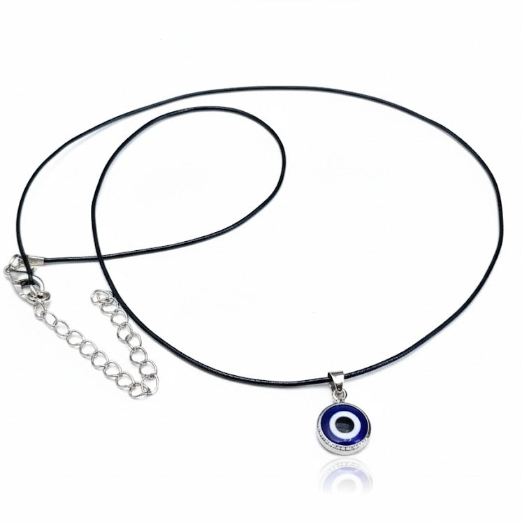 Black Cord necklace with a  dark blue evil eye pendant on a white background