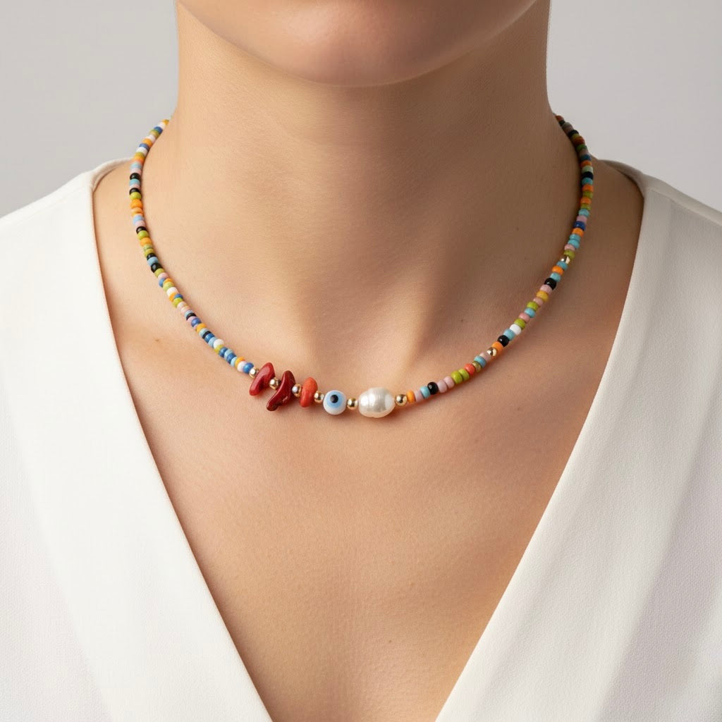 Necklace with multicolored beads and a pearl on a woman with a white background