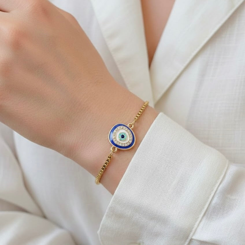 Mixed Color Evil Eye Bracelet - Gold Eye Bracelet with Box Chain