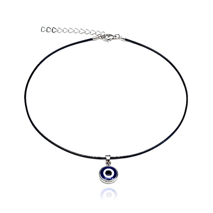 Necklace with a blue evil eye pendant on a white background