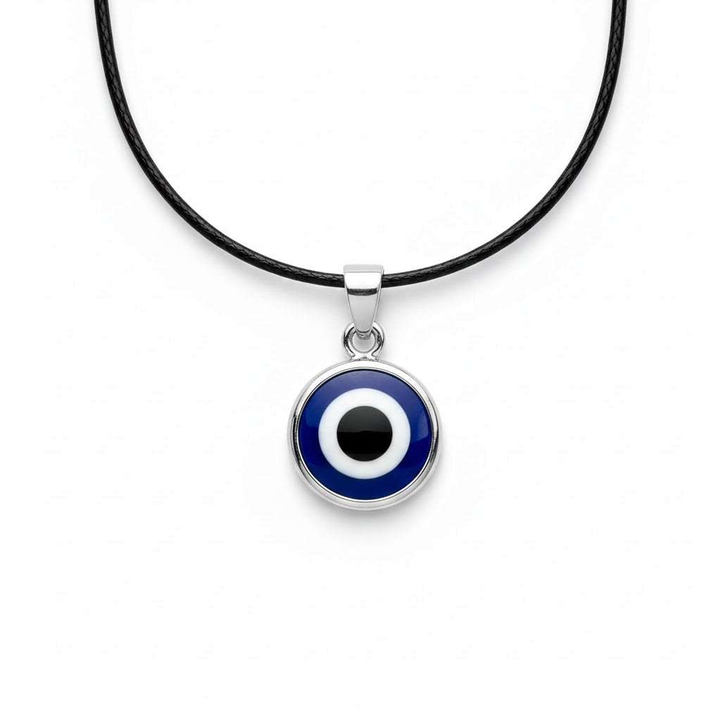 Necklace with a tiny round pendant featuring an evil eye design on a white background