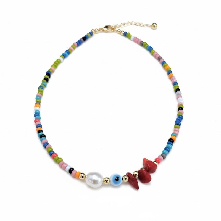 Colorful beaded necklace with a gold clasp on a white background