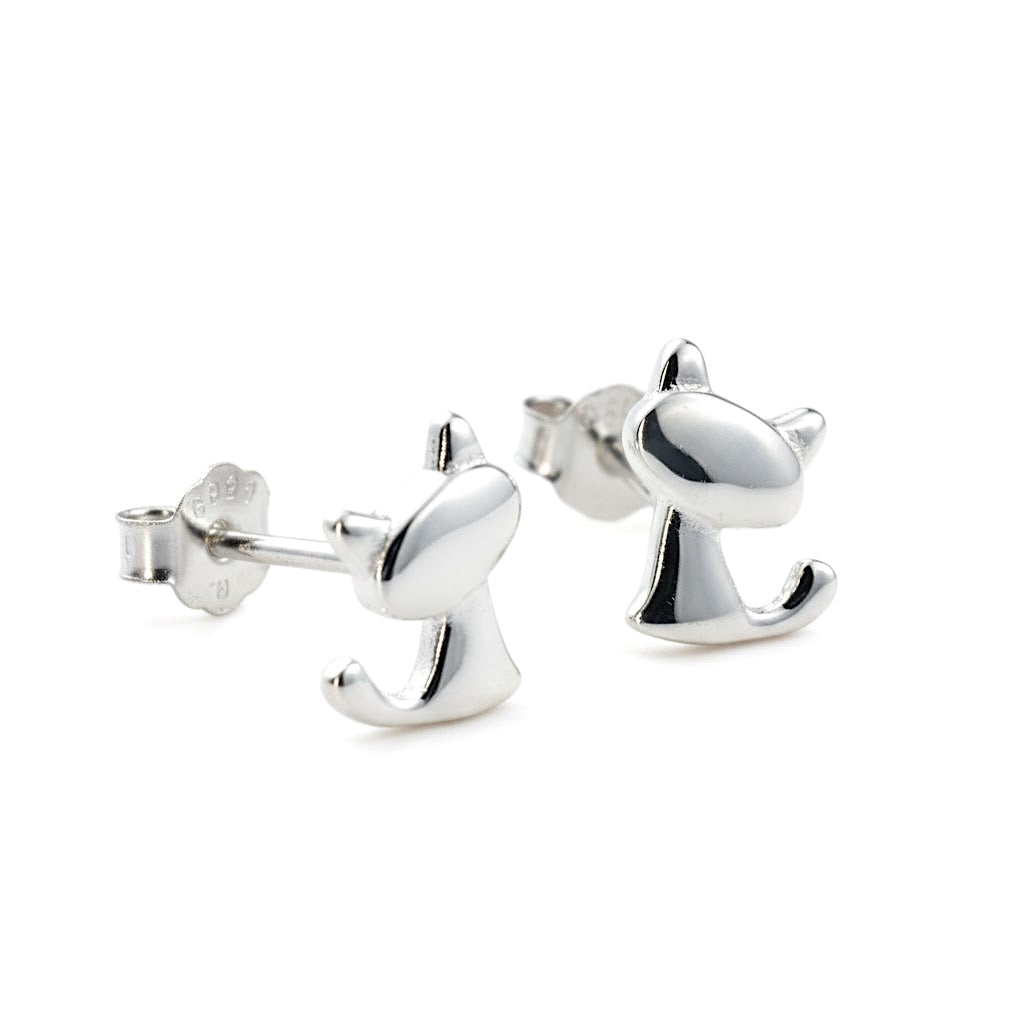 Side view of silver cat-shaped earrings with S925 stamped butterfly backs on a white background