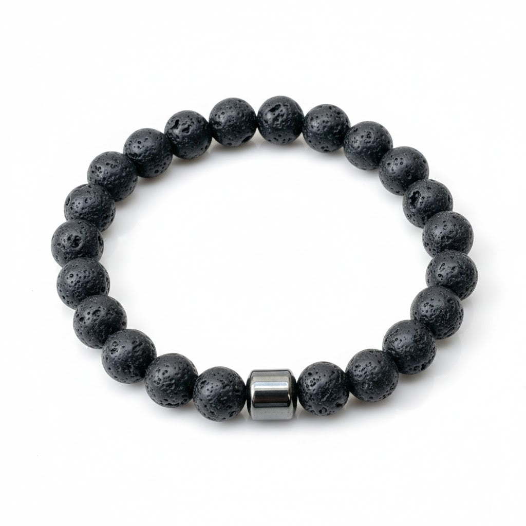 Black beaded bracelet with black lava rocks on a white background