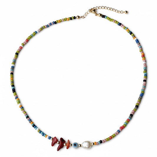 Evil Eye Pearl Choker - Seed Bead Eye Necklace with Pearl and Red Agate Crystals